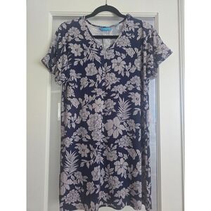 Tori Richard Honolulu Navy Floral Stripe V Neck Short Sleeve Shift Dress XS/S